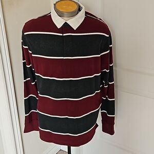 Denver Hayes Men's Polo Long Sleeves Cotton Shirt Large Burgundy/White LG